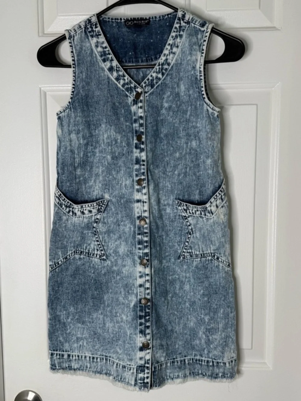 Blue Acid-Wash Denim Kids' Casual Dress with Star Pockets